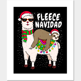 Fleece Feliz Navidad Sloth Riding Llama Spanish  Christmas Posters and Art